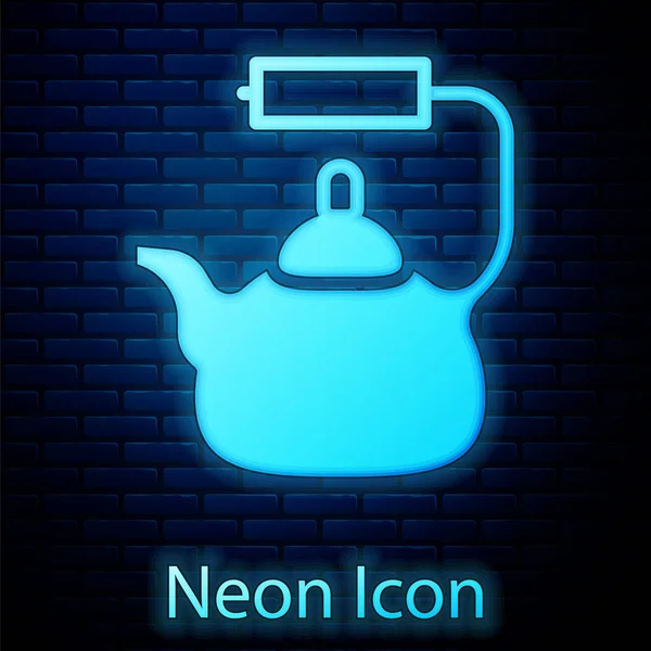 Glowing Neon Kettle Handle Icon Isolated Brick Wall Background Teapot — Stock Vector