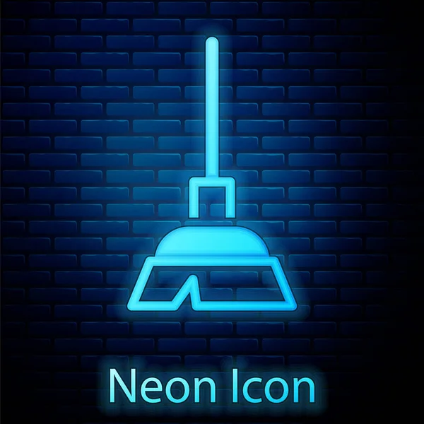 Glowing Neon Handle Broom Icon Isolated Brick Wall Background Cleaning — Stock Vector