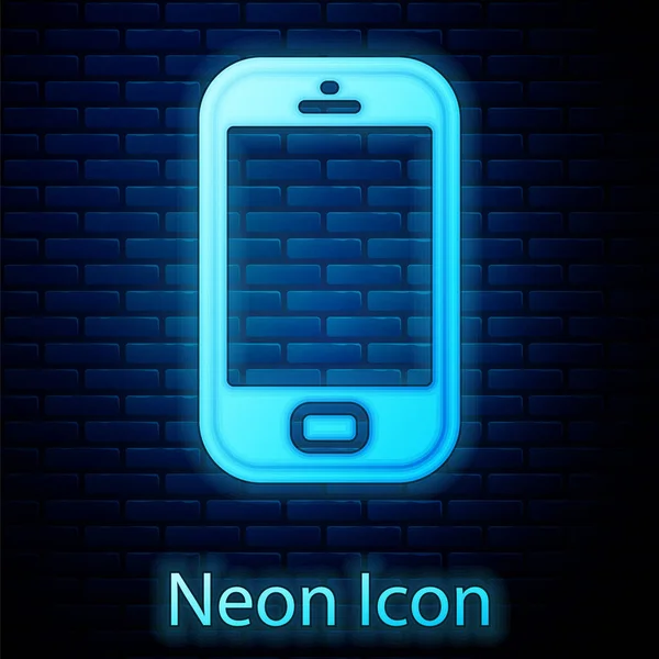Ragyogó Neon Okostelefon Mobiltelefon Ikon Elszigetelt Téglafal Háttér Vektor — Stock Vector
