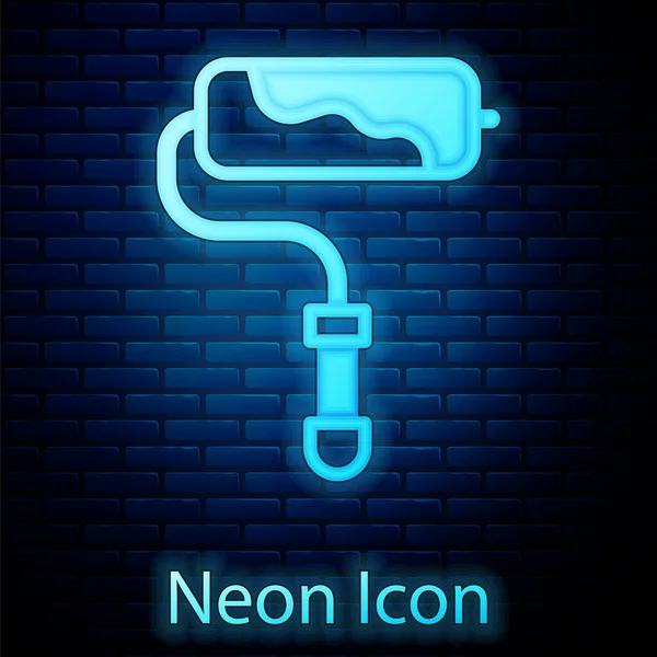 Leuchtende Neon Paint Roller Pinsel Symbol Isoliert Auf Backsteinwand Hintergrund — Stockvektor