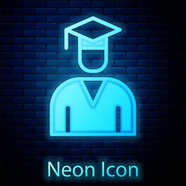 Neon Incandescente Graduate Graduazione Cap Icona Isolata Sfondo Muro Mattoni — Vettoriale Stock