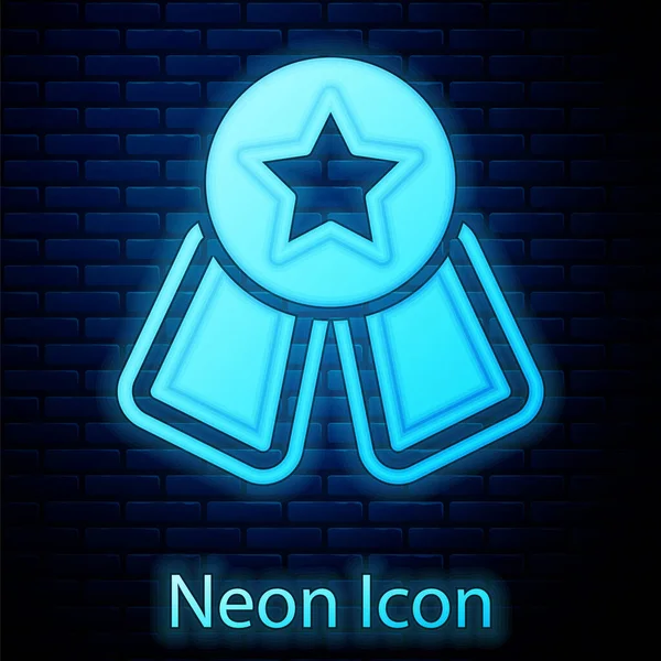 Glowing Neon Medal Star Icon Isolated Brick Wall Background Winner — Stock Vector