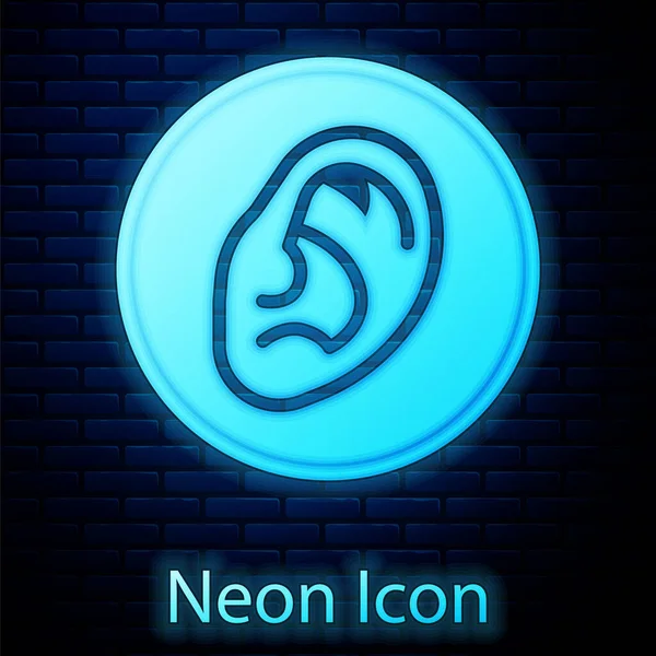 Świecący Neon Ucho Słuchać Dźwięku Ikona Izolowane Tle Cegły Ściany — Wektor stockowy