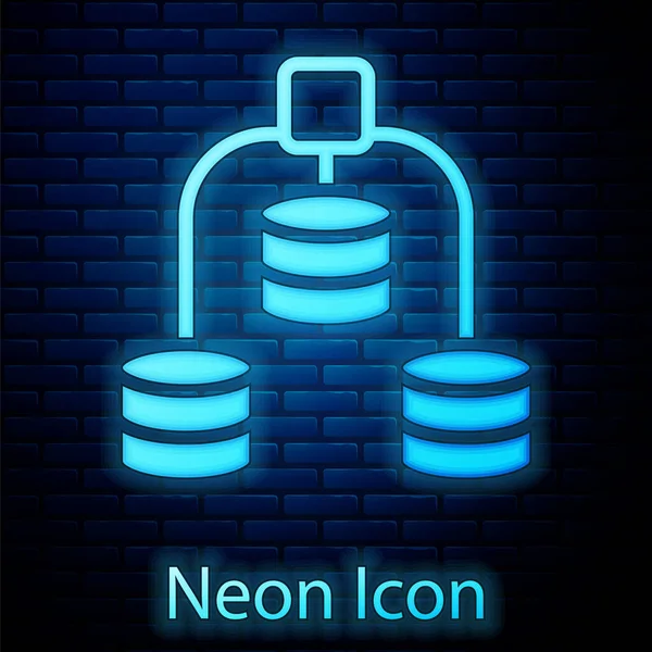 Glowing Neon Server Data Web Hosting Icon Isolated Brick Wall — Stock Vector