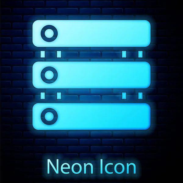 Ragyogó Neon Szerver Data Web Hosting Ikon Elszigetelt Téglafal Háttér — Stock Vector
