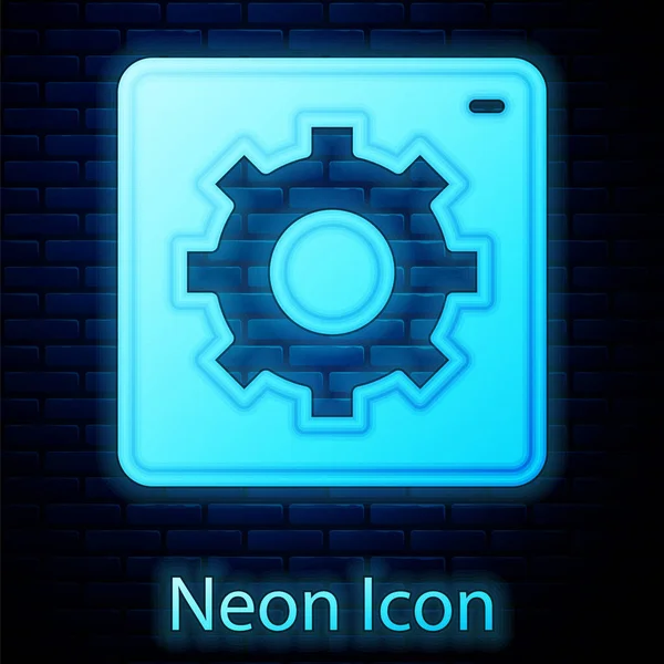 Glowing Neon Setting Icon Isolated Brick Wall Background Tools Service — Stock Vector