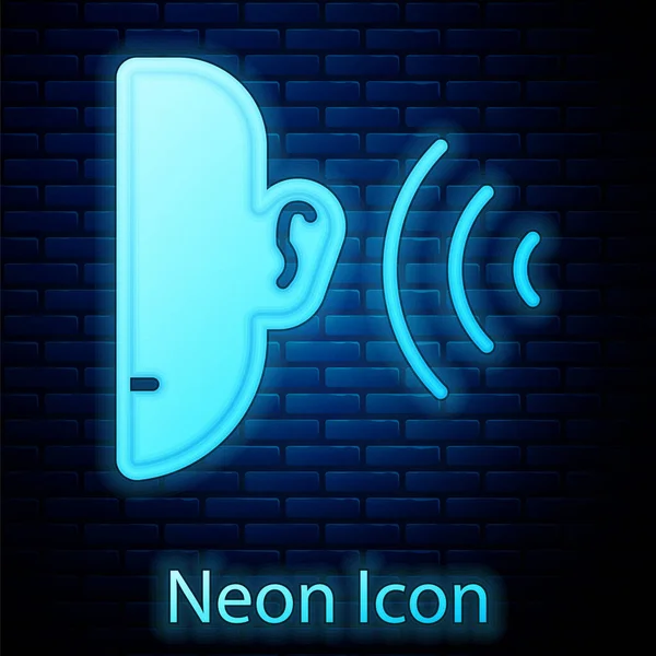 Świecący Neon Ucho Słuchać Dźwięku Ikona Izolowane Tle Cegły Ściany — Wektor stockowy