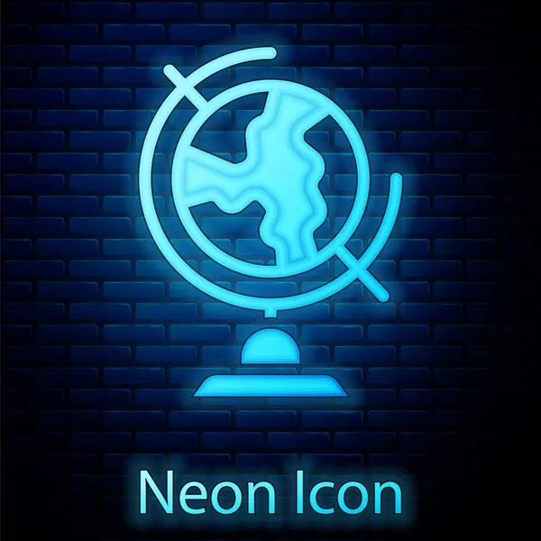 Leuchtende Neon Earth Globus Ikone Isoliert Auf Backsteinwand Hintergrund Vektor — Stockvektor