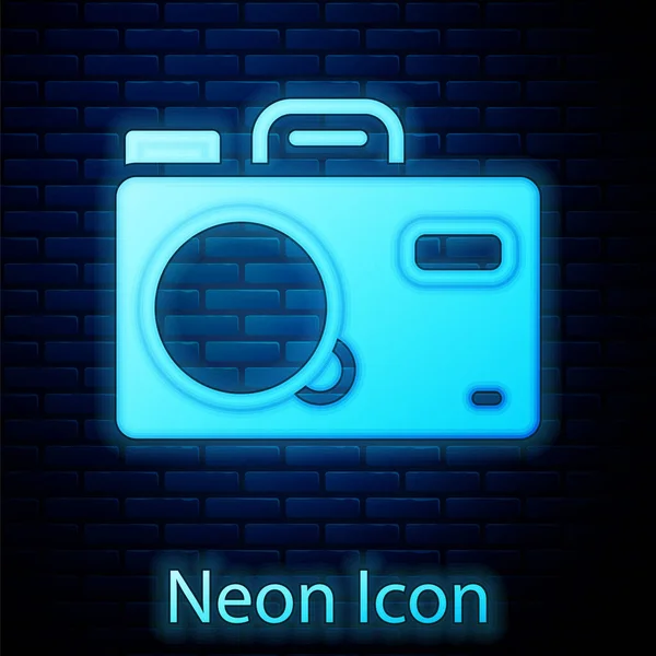 Светящийся Неоновый Значок Фотокамеры Изолирован Фоне Кирпичной Стены Фотокамера Цифровая — стоковый вектор