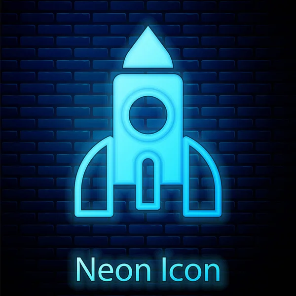 Glowing Neon Rocket Ship Toy Icon Isolated Brick Wall Background — Vector de stock