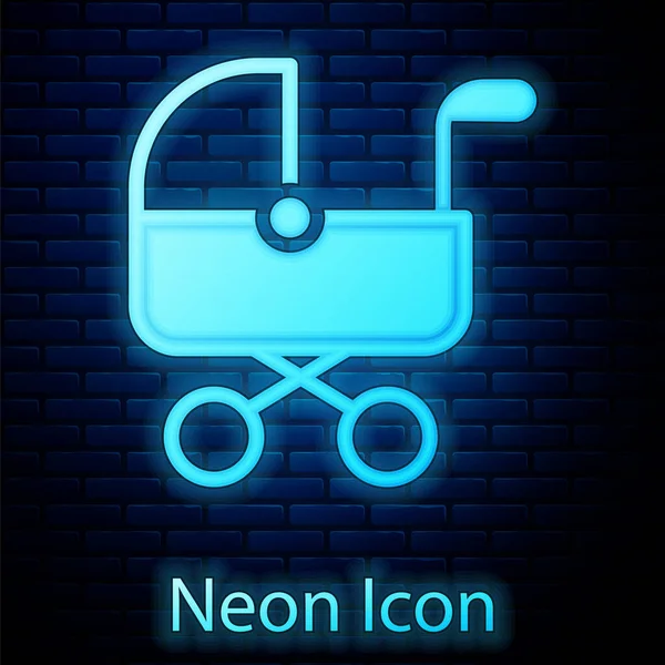 Zářící Neon Baby Kočárek Ikona Izolované Cihlové Zdi Pozadí Kočárek — Stockový vektor