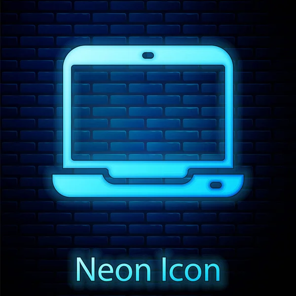 Icona Luminosa Neon Laptop Isolato Sfondo Muro Mattoni Quaderno Del — Vettoriale Stock