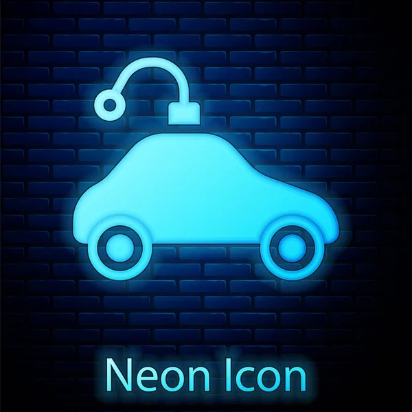 Glowing Neon Radio Controlled Car Toy Icon Isolated Brick Wall — Stock Vector