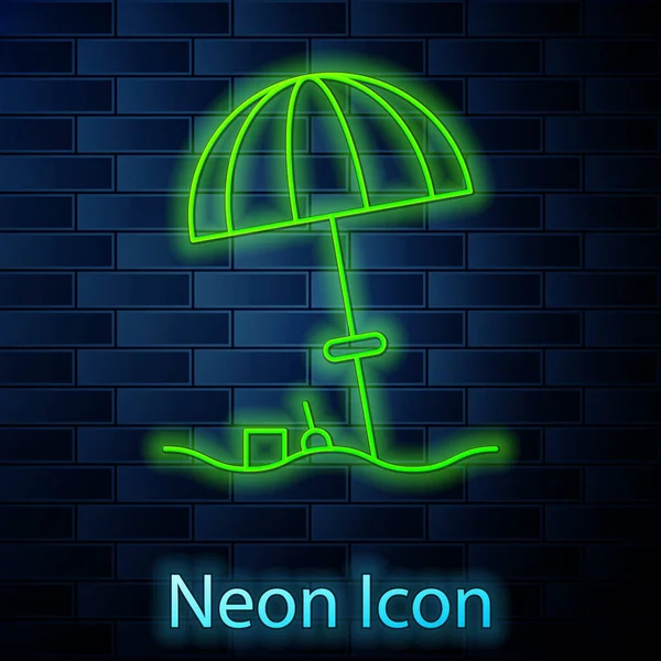 Glowing Neon Line Sun Protective Umbrella Beach Icon Isolated Brick — Stock Vector