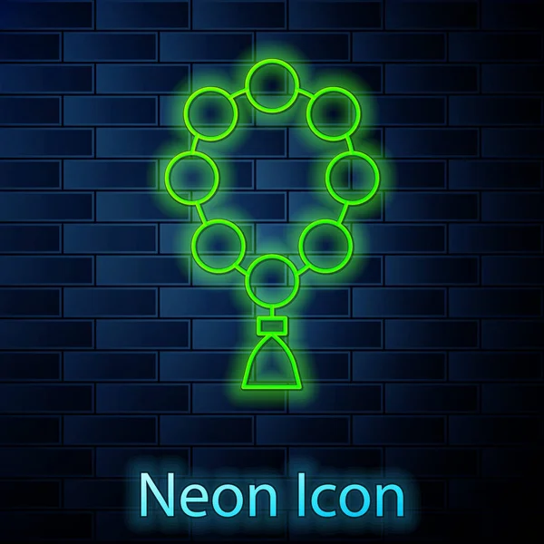 Zářící Neonové Linie Růženec Korálky Náboženské Ikony Izolované Pozadí Cihlové — Stockový vektor