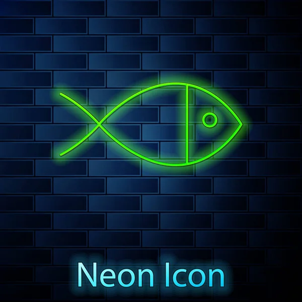 明亮的霓虹灯线基督教鱼象征图标孤立在砖墙背景 耶稣鱼的象征 病媒图解 — 图库矢量图片