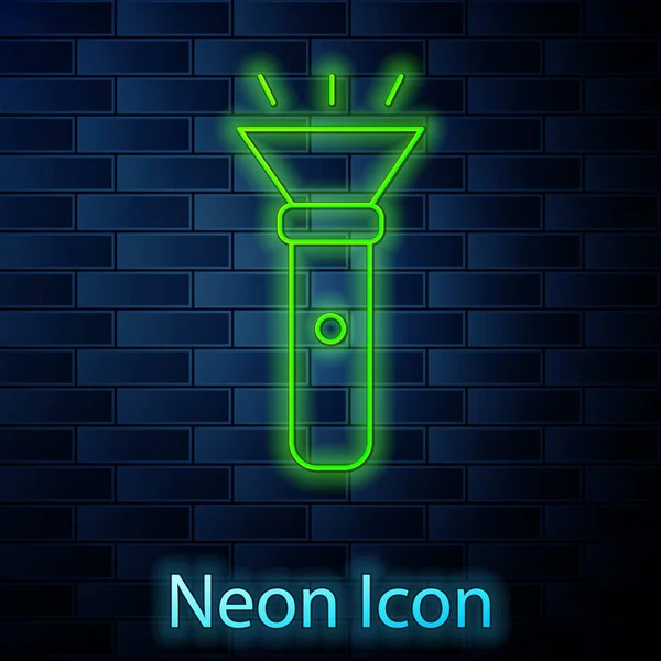 Gloeiende Neon Lijn Zaklamp Pictogram Geïsoleerd Baksteen Muur Achtergrond Vector — Stockvector