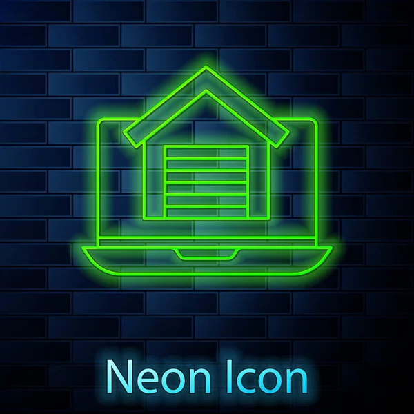 Glödande Neon Line Online Fastigheter Hus Bärbar Dator Ikon Isolerad — Stock vektor