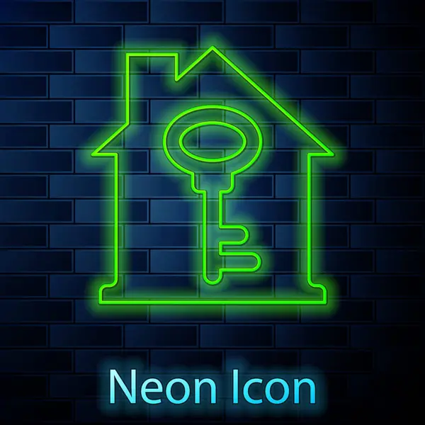Gloeiende Neon Lijn Huis Met Sleutel Pictogram Geïsoleerd Baksteen Muur — Stockvector