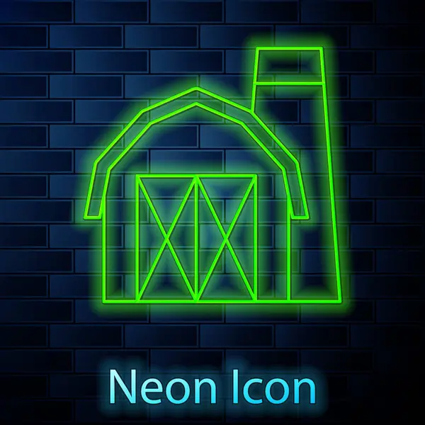 Glowing Neon Line Farm House Icon Isolated Brick Wall Background — Stock Vector