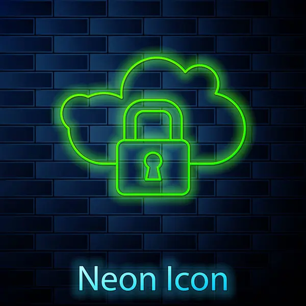 Leuchtende Neon Line Cloud Computing Schloss Symbol Isoliert Auf Backsteinwand — Stockvektor