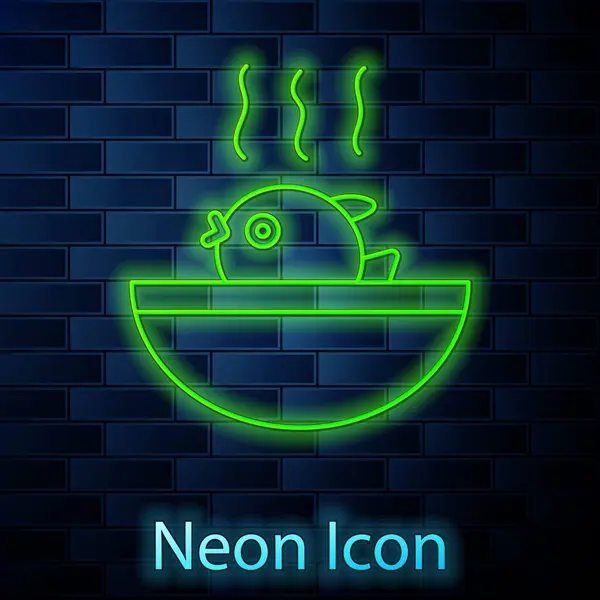 Glowing Neon Line Puffer Fish Soup Icon Isolated Brick Wall — Stock Vector