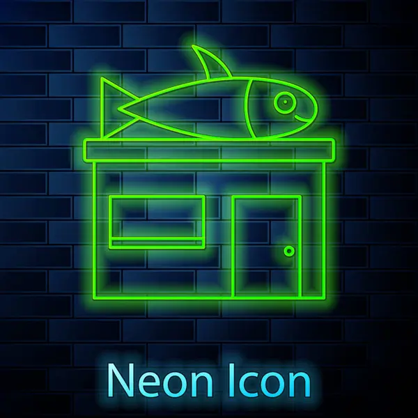 Świecące Neon Linii Owoce Morza Sklep Ikona Izolowana Tle Cegły — Wektor stockowy