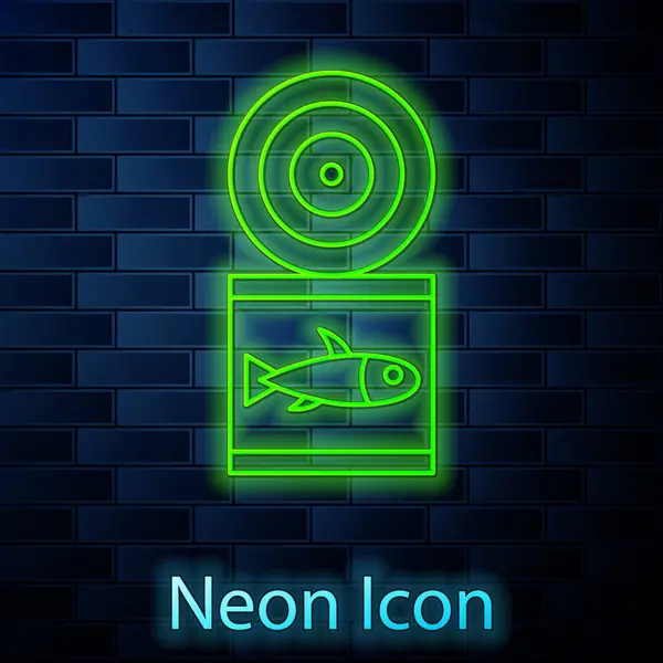 Parlayan Neon Hattı Tuğla Duvar Arkasında Konserve Balık Ikonu Izole — Stok Vektör