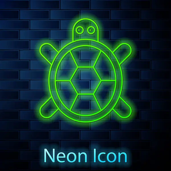 Parlayan Neon Hattı Kaplumbağa Simgesi Tuğla Duvar Arka Planında Izole — Stok Vektör