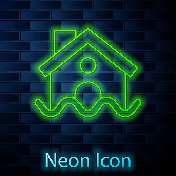 Linea Neon Incandescente Icona Alluvione Casa Isolata Sfondo Muro Mattoni — Vettoriale Stock