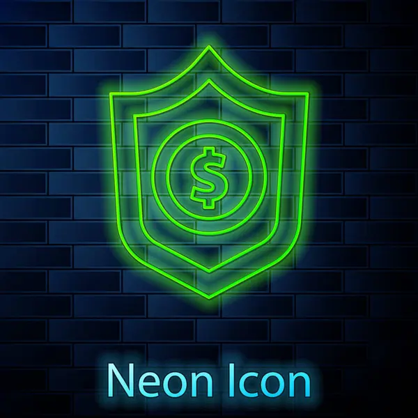 Glowing Neon Line Shield Dollar Symbol Icon Isolated Brick Wall — Stock Vector