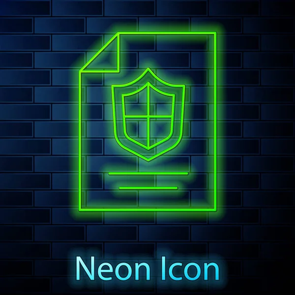 Glowing Neon Line Contract Shield Icon Isolated Brick Wall Background — Stockvektor