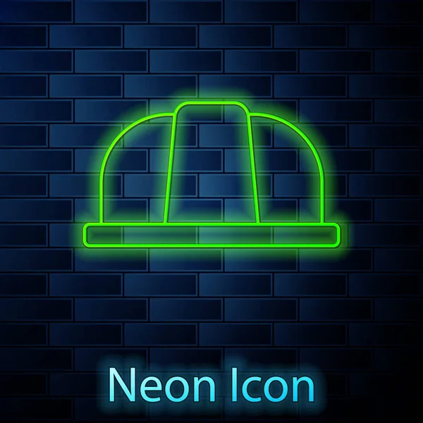 Leuchtende Neon Linie Arbeiter Schutzhelm Symbol Isoliert Auf Backsteinwand Hintergrund — Stockvektor