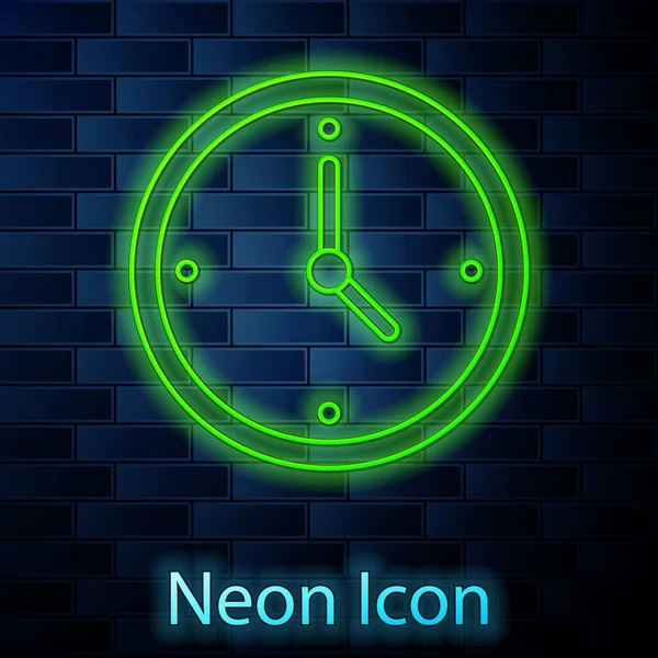 Zářící Neonová Čára Ikona Hodin Izolovaných Pozadí Cihlové Stěny Časový — Stockový vektor
