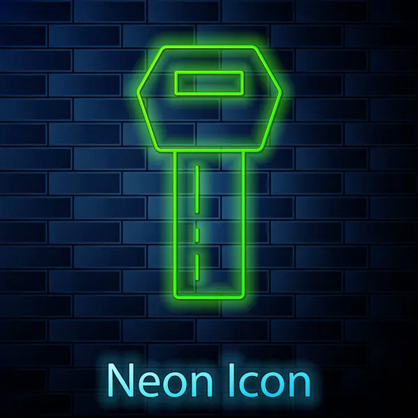 Gloeiende Neon Lijn Autosleutel Met Afgelegen Pictogram Geïsoleerd Baksteen Muur — Stockvector