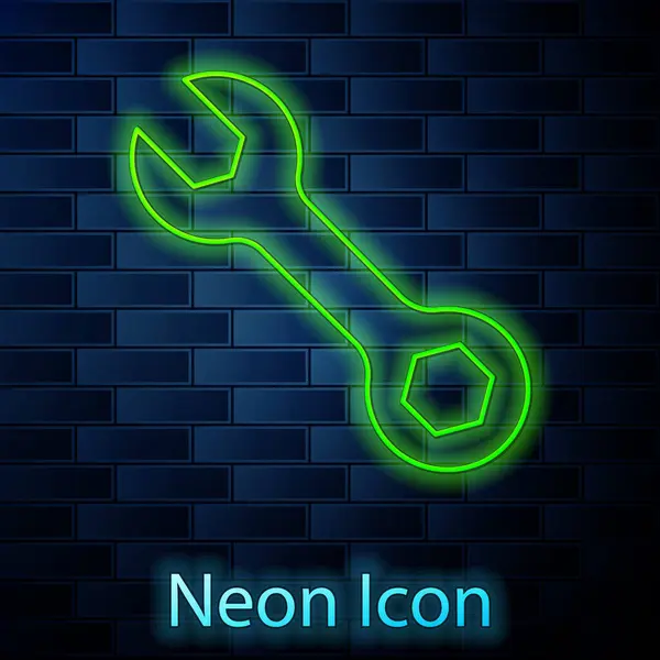 Leuchtende Neon Linie Schraubenschlüssel Symbol Isoliert Auf Backsteinwand Hintergrund Vektor — Stockvektor