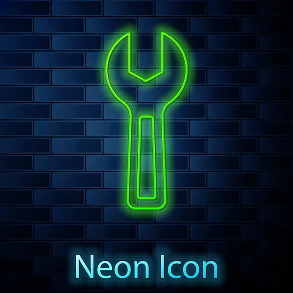 Glowing Neon Line Wrench Spanner Icon Isolated Brick Wall Background — Stock Vector