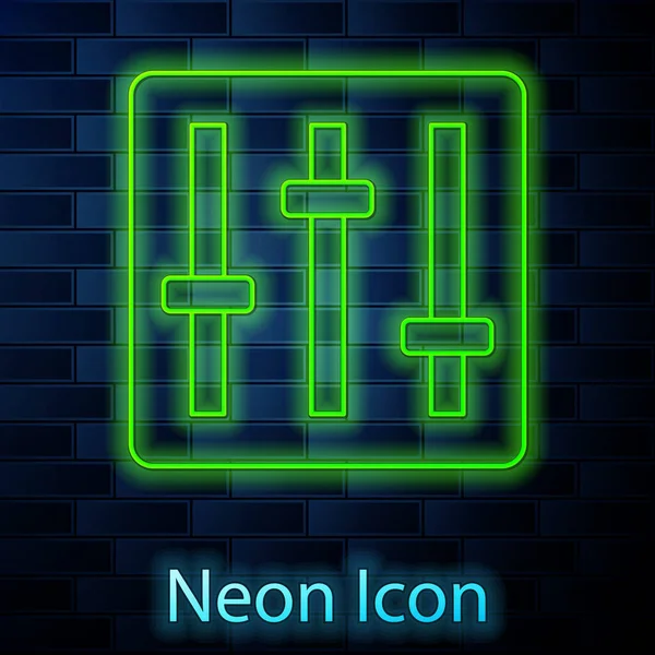 Zářící Neonová Čára Ikona Ovladače Mixéru Zvuku Izolovaná Pozadí Cihlové — Stockový vektor
