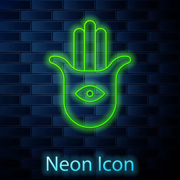 Glowing Neon Line Hamsa Hand Icon Isolated Brick Wall Background — Stock Vector