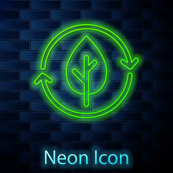 Glowing Neon Line Recycle Symbol Leaf Icon Isolated Brick Wall — Stock Vector