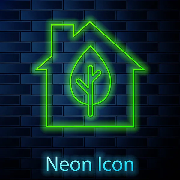 Glowing Neon Line Eco Friendly House Icon 배경에 나뭇잎 하우스 — 스톡 벡터