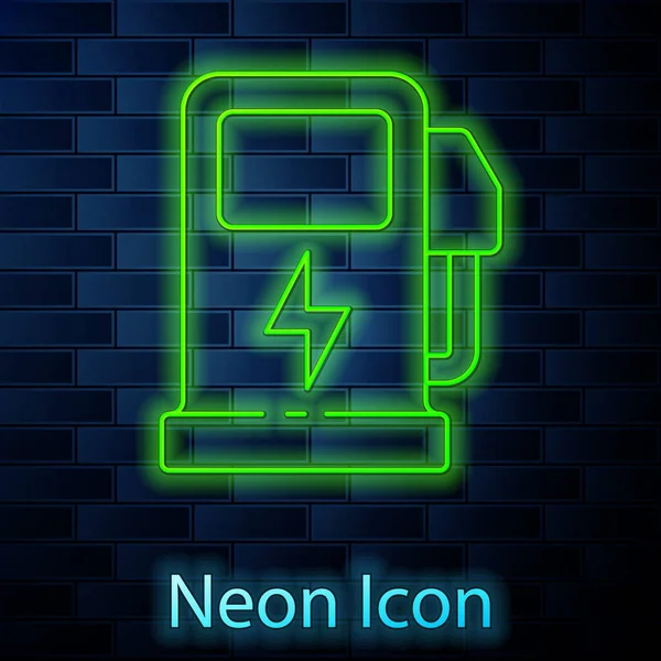 Gloeiende Neon Lijn Elektrische Auto Oplaadstation Pictogram Geïsoleerd Baksteen Muur — Stockvector