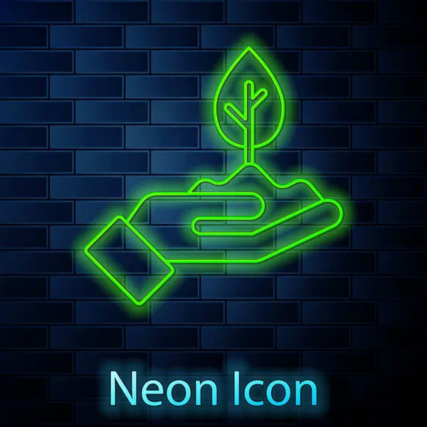 Zářící Neonová Čára Rostlina Ruce Ikonou Ochrany Životního Prostředí Izolovanou — Stockový vektor