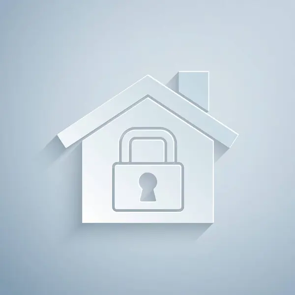 Paper Cut House Protection Icon Isolated Grey Background Home Lock — Stock Vector