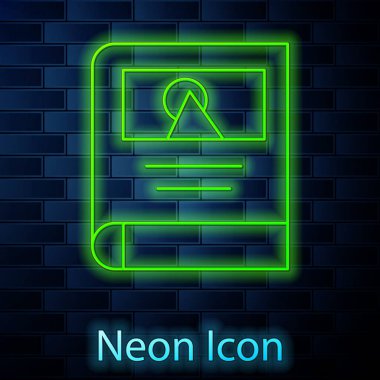 Parlayan neon hattı foto albüm galerisi ikonu tuğla duvar arka planında izole edildi. Vektör.