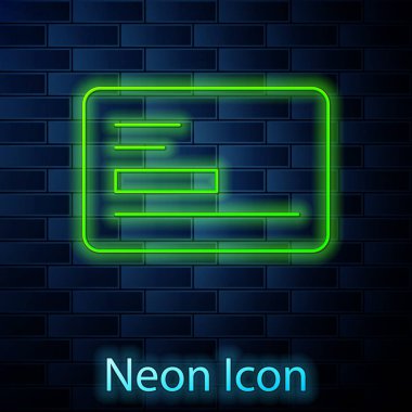 Parlayan neon hattı ziyaret kartı, kartvizit simgesi tuğla duvar arkasında izole edilmiş. Şirket kimlik şablonu. Vektör.