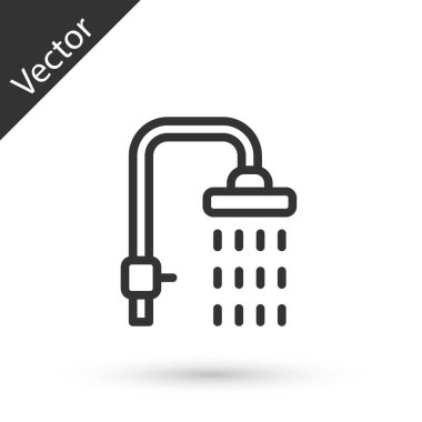 Beyaz arka planda su damlalarının aktığı gri çizgi duş başlığı izole edilmiş. Vektör.