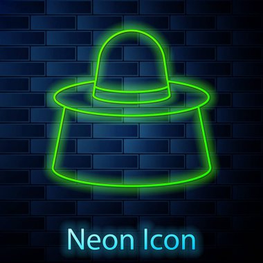 Duvarda izole edilmiş şapka ikonu ile parlayan neon hattı arıcısı. Özel koruyucu üniforma. Vektör.