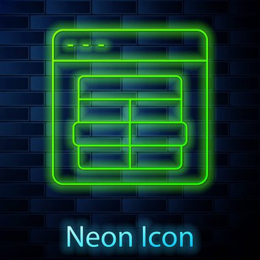 Parlayan neon hattı MySQL kod simgesi tuğla duvar arka planında izole edildi. Web sitesi tasarımınız için HTML Kod sembolü. Vektör.