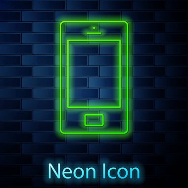 Parlayan neon hattı, akıllı telefon, cep telefonu simgesi tuğla duvar arkasında izole edilmiş. Vektör.